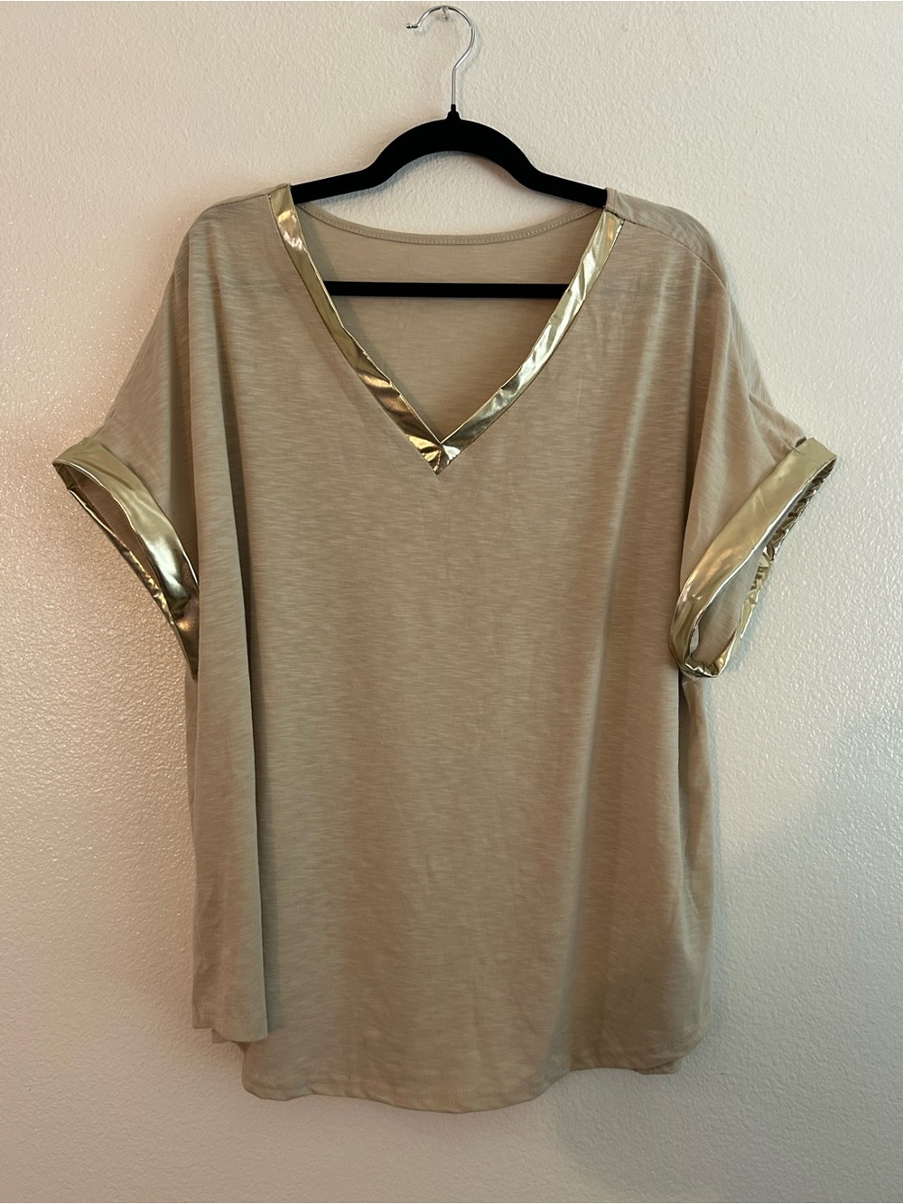 SHEIN Beige V-Neck Short Sleeve Top with Gold Trim